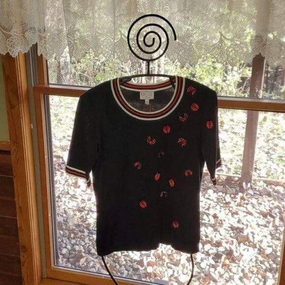 Talbots Oprah's Magazine Collection Sz XS Navy Blue Embroidered Lady Bug Sweater - Picture 2 of 10